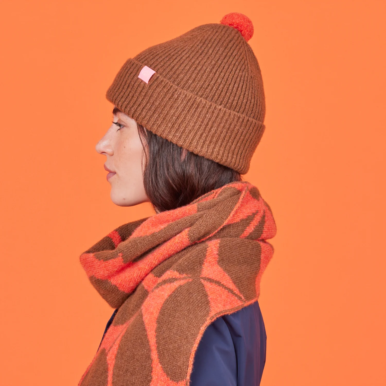 Contrast Pom Wool Beanie - Orange Sienna - Image 2