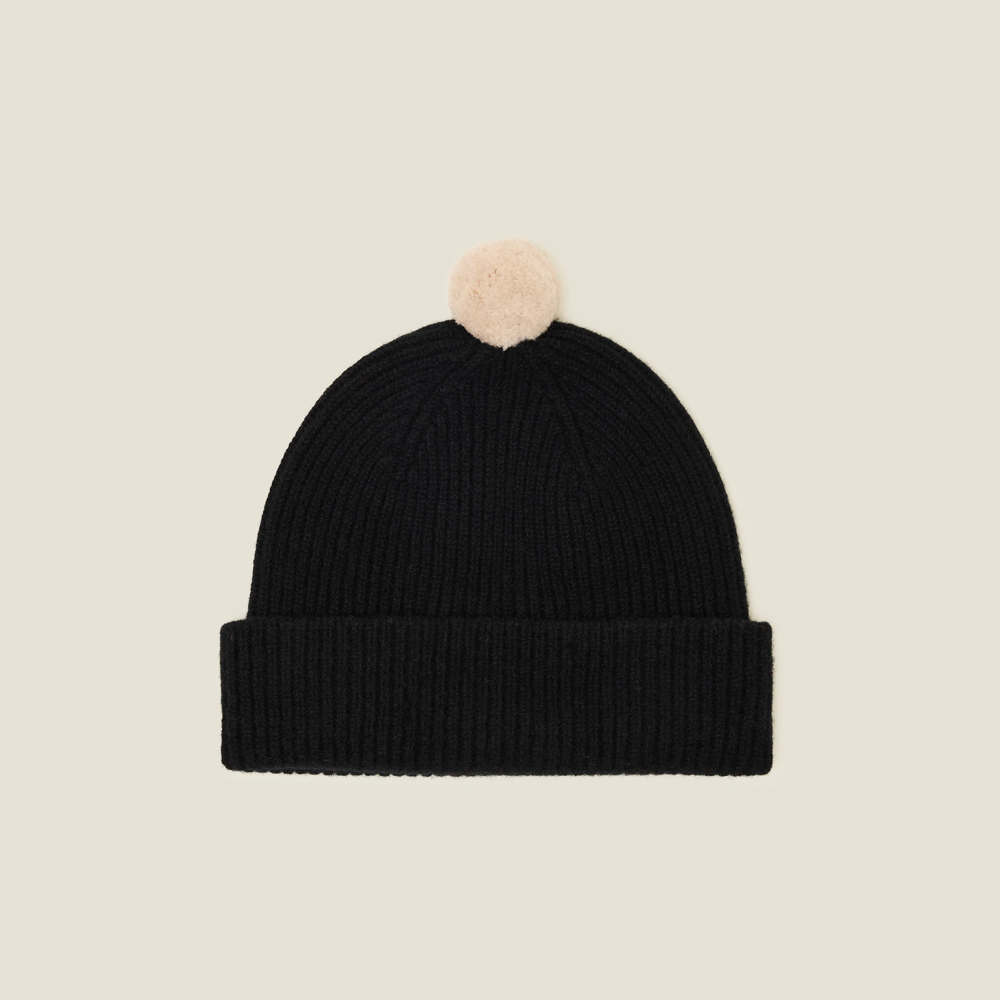 Contrast Pom Wool Beanie - Cream Black - Image 3