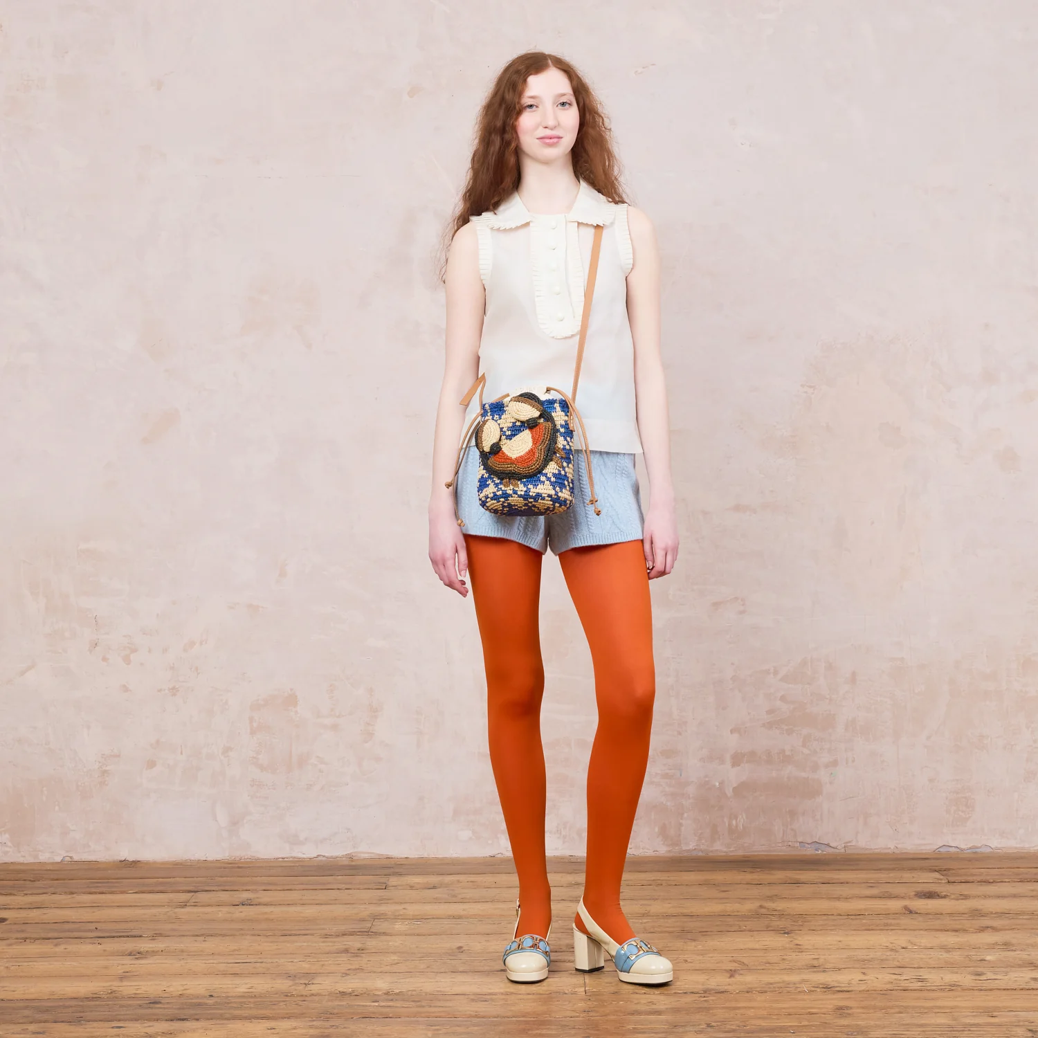Crab and Houndstooth Raffia Bucket Bag - Sea Blue - Image 3