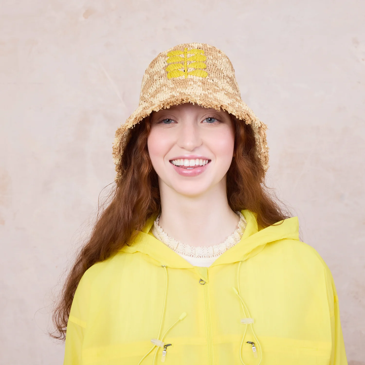 Houndstooth Raffia Bucket Hat - Natural - Image 2