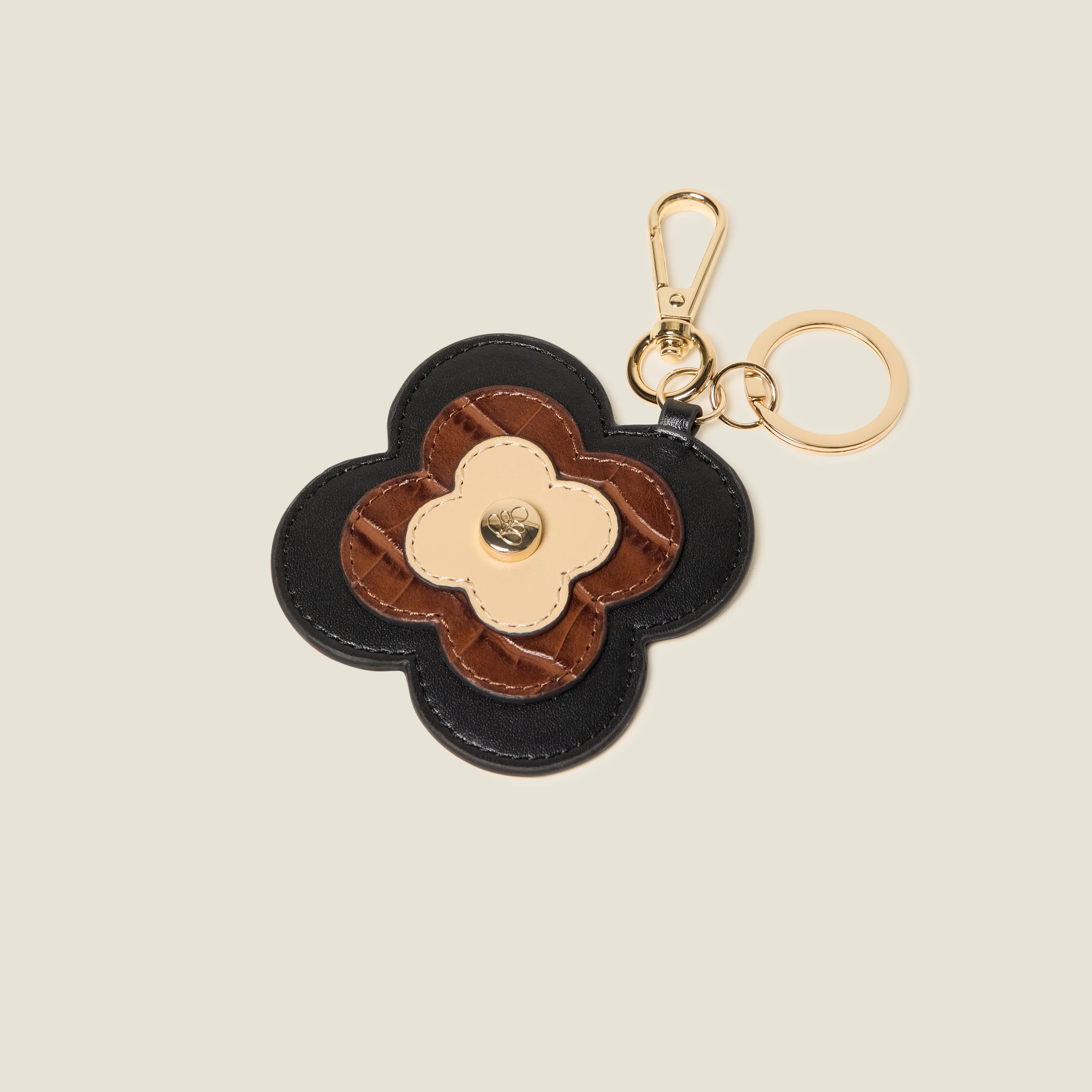 Layered Flower Leather Key Ring - Flower Applique Black