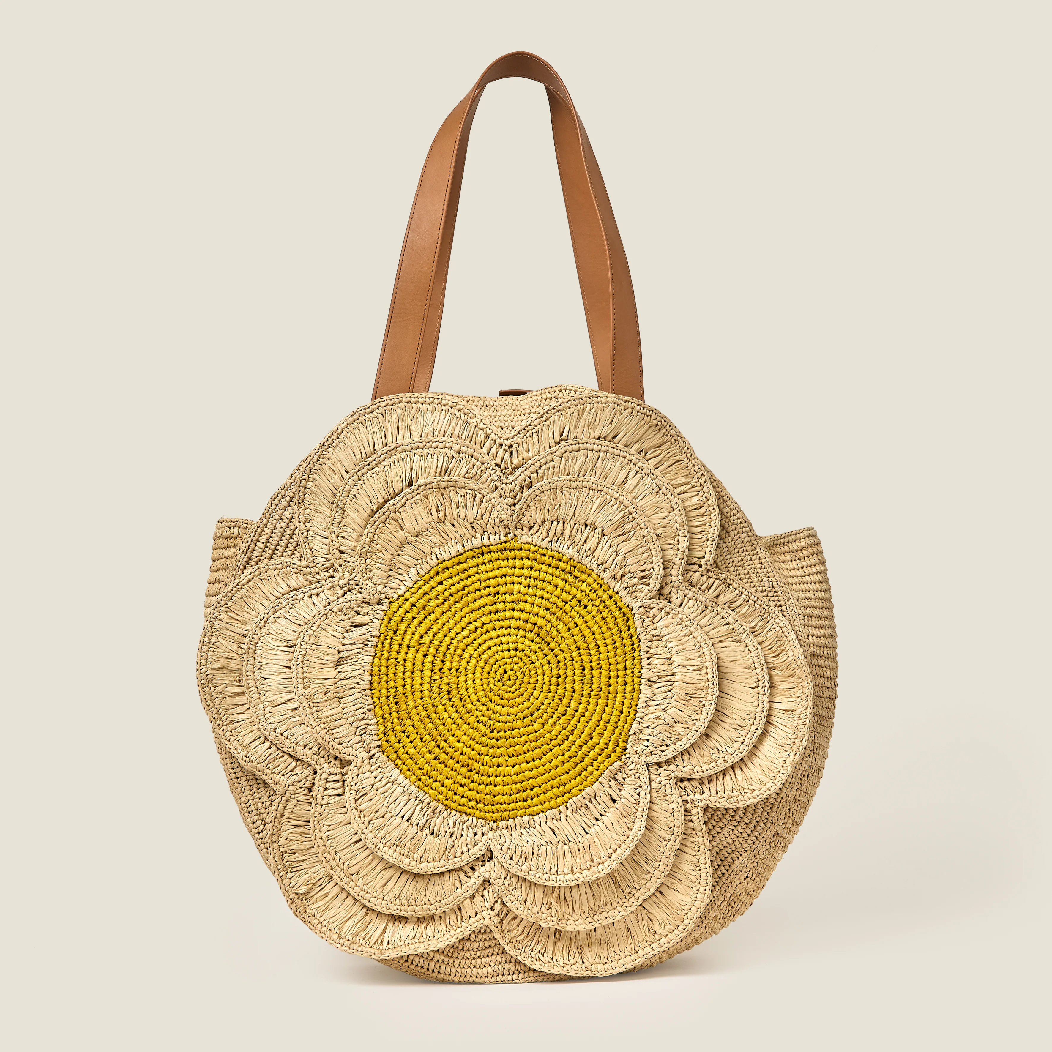 Petal Flower Round Raffia Tote Bag - Natural - Image 2